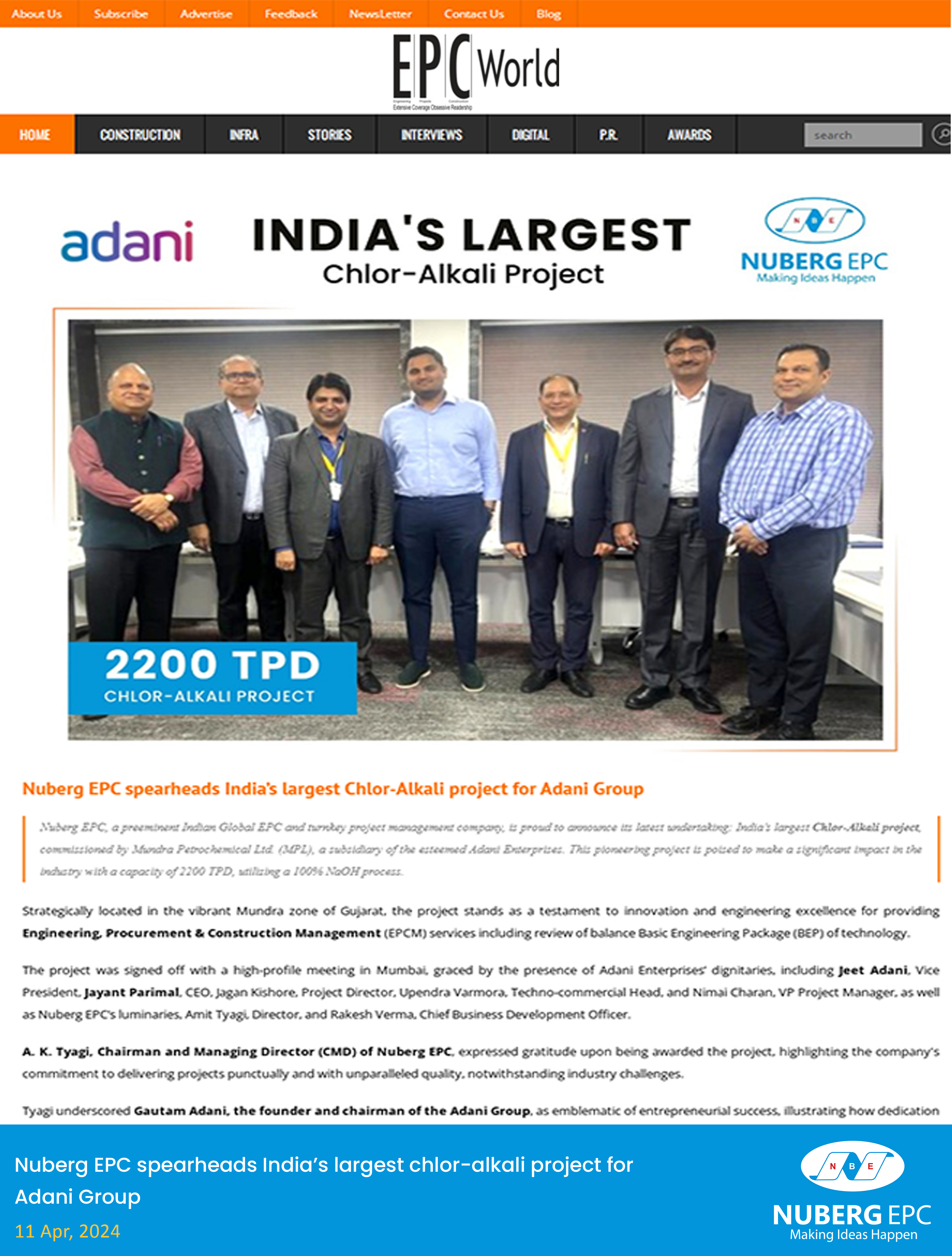 Nuberg EPC Spearheads India’s Largest Chlor-Alkali Project for Adani Group