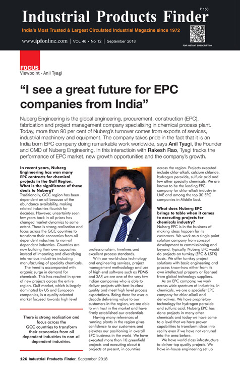 AK Tyagi, Chairman & Managing Director, Nuberg, interview in Indian Product Finder - I see a great future for EPC companies from India