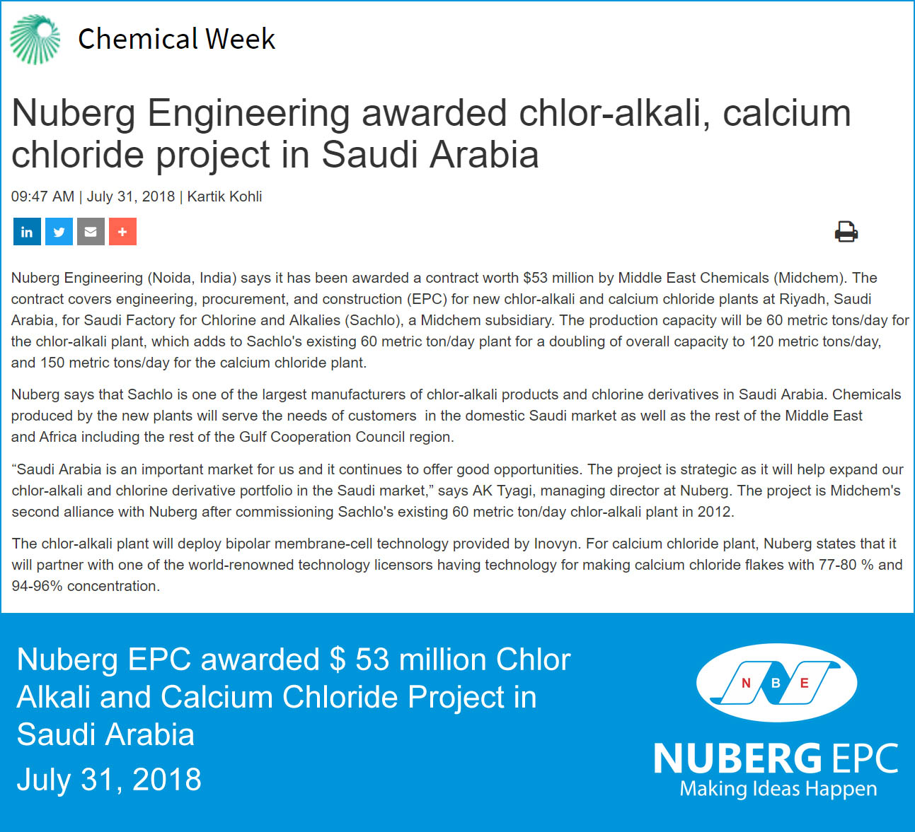 Chemical Week- Nuberg EPC awarded Chlor Alkali and Calcium Chloride turnkey project in Saudi Arabia