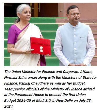 The Union Minister for Finance and Corporate Affairs, Nirmala Sitharaman along with the Ministers of State for Finance, Pankaj Chaudhary as well as her Budget Team/senior officials of the Ministry of Finance arrived at the Parliament House to present the first Union Budget 2024-25 of Modi 3.0, in New Delhi on July 23, 2024.