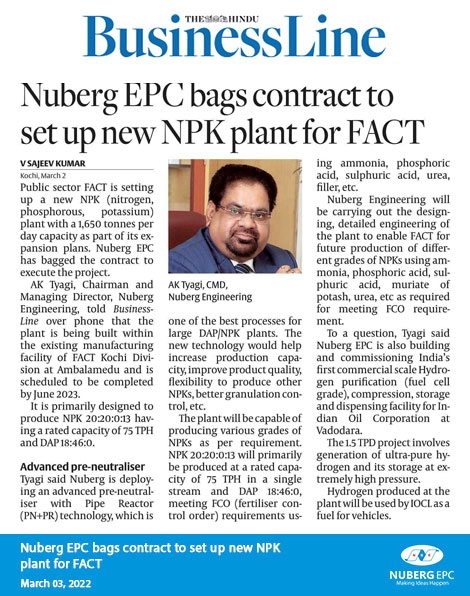 Business Line - Nuberg EPC Wins 1650 TPD NPK Fertilizer Plant Project in India