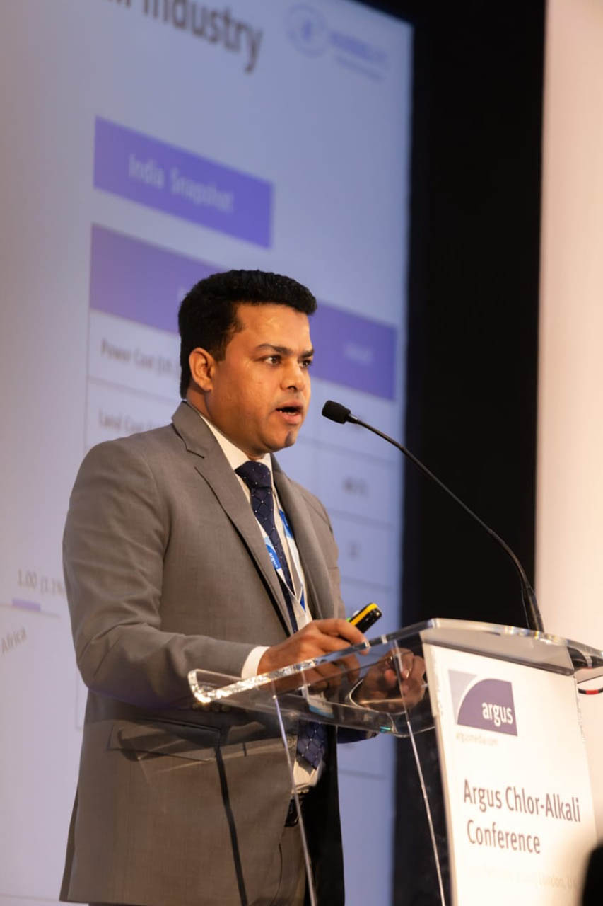 Arun Tyagi, Nuberg Marketing Head addressing the audience at Argus Chlor-Alkali Conference, London
