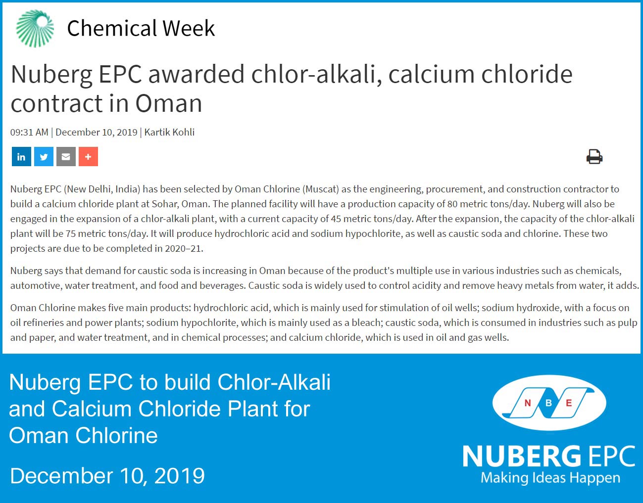 Chemical Week - Nuberg EPC Wins Caustic Soda and Calcium Chloride Plant EPC Contract for Oman Chlorine